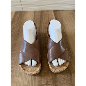 Born Sandals Shoes Womens 9 Brown Leather Slingback Cork Wedge Comfort Platform